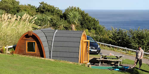 Snug for glamping at Bay View Farm Camping Site overlooking Looe Bay, Cornwall